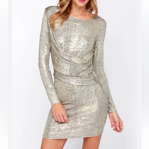 LuLu’s | Money Gold Ruched Bodycon Long Sleeve Lined Shimmer Stretch Dress S - Picture 1 of 17
